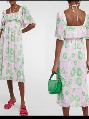 Ganni Gorgette midi Pink and Green Floral Square-Neck Midi Dress MSRP 375 NWT